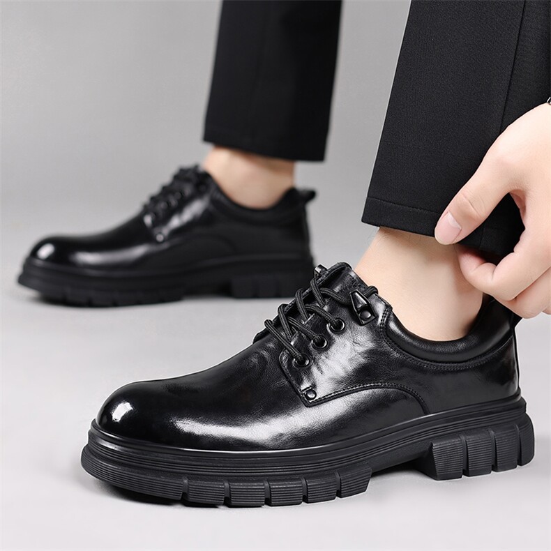 秋季新款手抓纹男鞋头层牛皮大头马丁鞋厚底商务休闲皮鞋男士圆头，男鞋皮鞋，电商A223