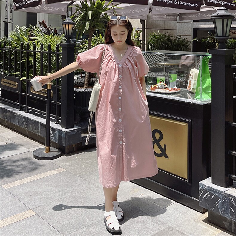 2024新款现货粉色宽松V领长裙212A-628-P115-K168,女装连衣裙,浙宝212A