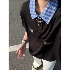 腊肠小狗假两件polo衫男款夏季衬衫领t恤小众设计感学院风五分袖，男装T恤，星座506A