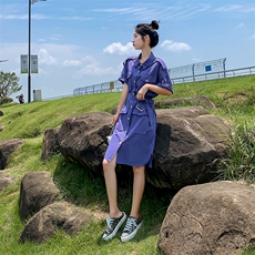 现货主推夏ins街头风棉麻工装气质衬衫女士连衣裙18861P85控138，女装连衣裙，艾青服饰