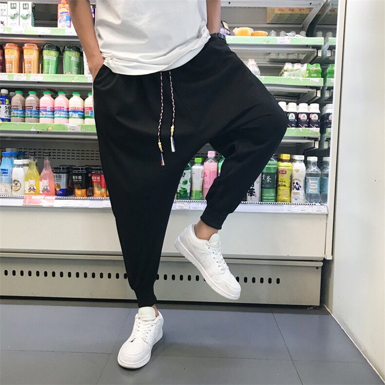 纯黑九分大裆裤男束脚裤宽松低裆垮裤大码吊裆哈伦裤2435纯黑-P30图片