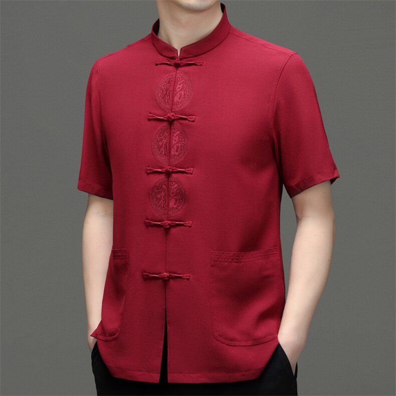 风男装练功服刺绣唐装中老年人爸爸夏季短袖爷爷冰丝太极服男，男装民族服装，电商B212（原钱塘6029）