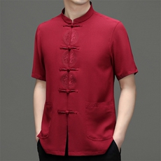 风男装练功服刺绣唐装中老年人爸爸夏季短袖爷爷冰丝太极服男，男装民族服装，电商B212（原钱塘6029）