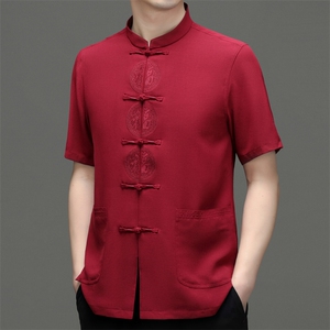 风男装练功服刺绣唐装中老年人爸爸夏季短袖爷爷冰丝太极服男,男装民族服装,电商B212（原钱塘6029）