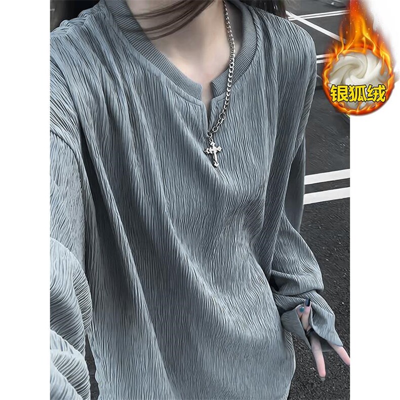 重磅480g加绒银狐绒肌理感V领男大码长袖T恤T1704J加绒-特P30控58，男装T恤，电商A001-1