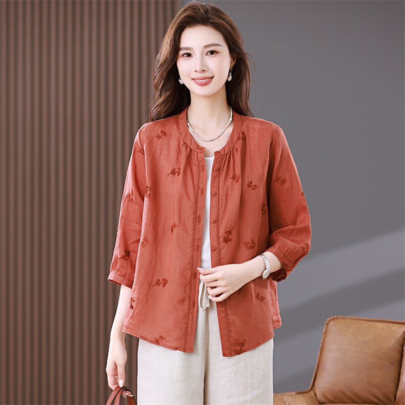 苎麻衬衫女夏季2024新款时尚休闲宽松遮肉洋气妈妈绣红七分袖衬衣，女装衬衫，靓衣阁