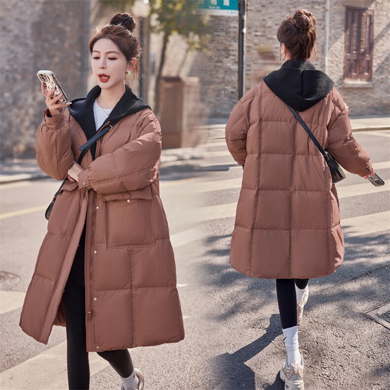 2023新款冬季宽松加厚保暖毛线针织拼接连帽长款羽绒服外套，女装羽绒服，瑶迪依秀