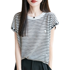 夏季新款竹节麻短袖T恤女圆领宽松条纹针织冰丝飞袖上衣打底衫薄，女装T恤，菲奥羊绒