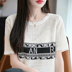 2025夏季桑蚕丝圆领刺绣洋气百搭显瘦宽松大码减龄短袖t恤，女装T恤，魅途羊绒