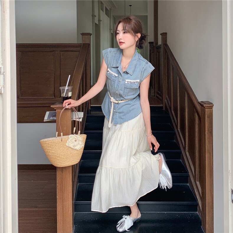 度假风牛仔马甲蛋糕裙套装女夏小个子温柔风显瘦连衣裙两件套,女装套装/套裙,维壹