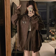 美式复古刺绣皮夹克高街时尚小众春秋季街头飞行员外套棒球领潮，男装夹克，星座506A