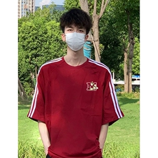 抖音得物高品质二开240克宽松纯棉美式潮牌三条杠织带短袖T恤，男装T恤，电商A486-1