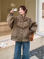 韩系拼接撞色格子围巾短款羽绒服女2025冬立领宽松小个子减龄外套，女装羽绒服，艾米莉亚