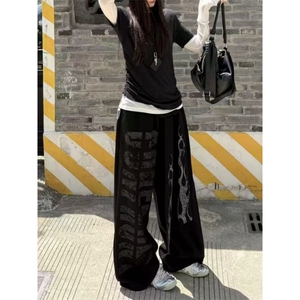美式复古工装休闲裤印花百搭直筒垂感直筒长裤宽松阔腿裤子XK94图片