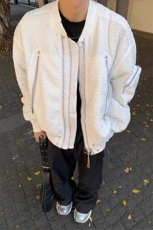 【有货】白色双拉链立领棉衣外套褶皱棒球服棉服MY5014特P103，男装棉衣，星座908-1