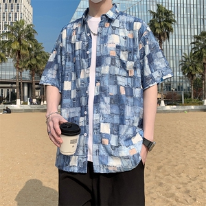 港风衬衫男春夏季内搭复古宽松破洞纹短袖潮衬衣外套7221P45图片