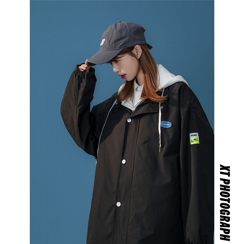 中性风秋季新款贴标宽松假两件带帽休闲棒球服外套-G371-P65控88,女装短外套,A247A