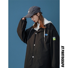 中性风秋季新款贴标宽松假两件带帽休闲棒球服外套-G371-P65控88，女装短外套，A247A