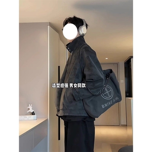 雾面扎染皮衣外套男款春秋美式复古飞行员夹克立领短款机车棒球服图片