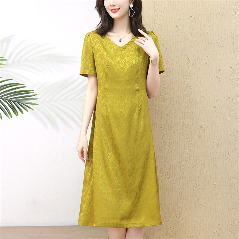 桑蚕丝半袖连衣裙女夏装高端洋气妈妈V领宽松真丝长裙,女装连衣裙,梦芯尔