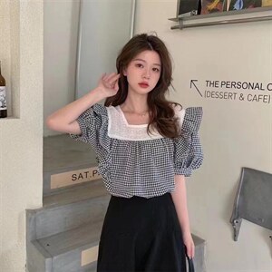 韩版格子短袖图片