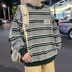 秋冬季新款韩版圆领条纹套头拼色宽松慵懒风针织衫毛衣男YM55/P60，男装针织衫/毛衣，星座506