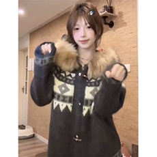 费尔岛连帽可拆卸毛领毛衣秋百花绒牛角扣男宽松帽衫M43，男装针织衫/毛衣，星座1116A（原606A-3）