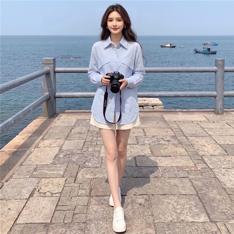 女款春秋新款设计感纯色翻领百搭单排扣宽松时尚简约小个子衬衣潮,女装衬衫,江南