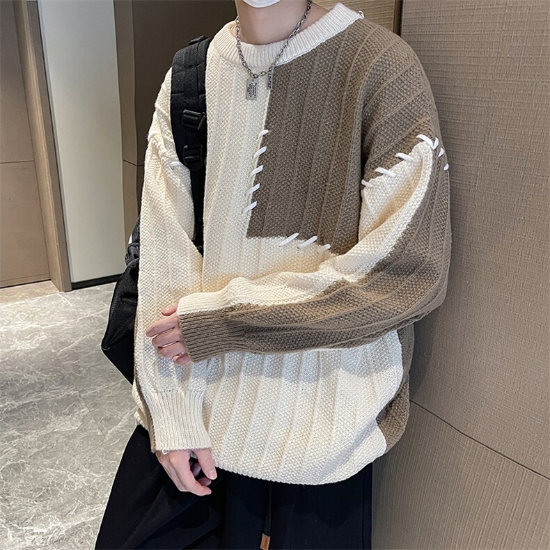 秋季新款港风美式潮牌宽松百搭拼色套头圆领毛衣男insMY1496-P50,男装针织衫/毛衣,星座313A(原308A-2)