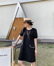 珍珠边压花连衣裙，女装连衣裙，斐媞梦