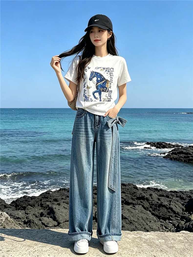 甜美时尚休闲套装女夏季新款圆领印花烫钻上衣设计牛仔长裤两件套,女装套装/套裙,江南