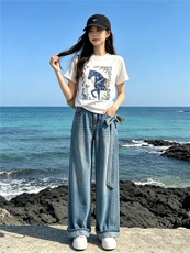 甜美时尚休闲套装女夏季新款圆领印花烫钻上衣设计牛仔长裤两件套，女装套装/套裙，江南