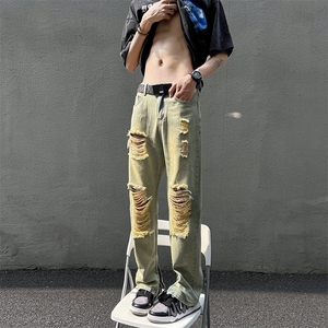 B221 泥黄色高街小众ins美式拉链破洞牛仔裤子 LK22041-P55 控68图片