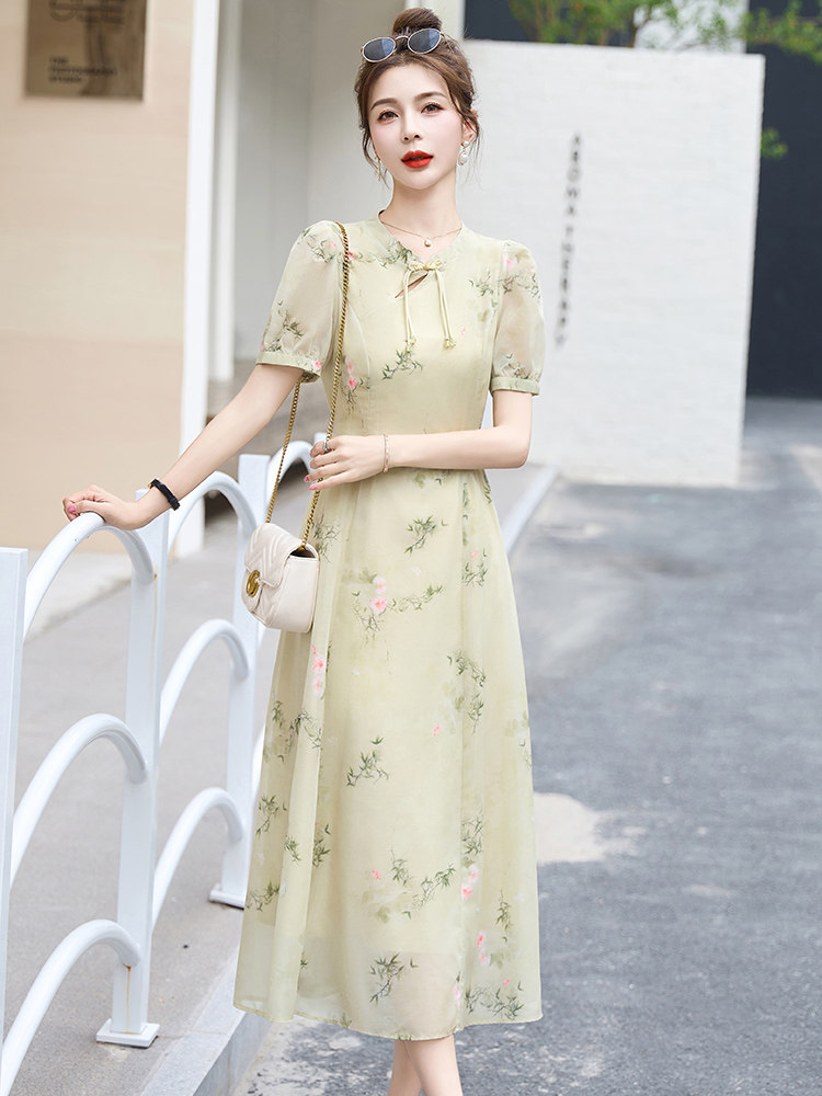 现货新款改良版真丝旗袍连衣裙夏季新款年轻款短袖连衣裙,女装连衣裙,丽美静依