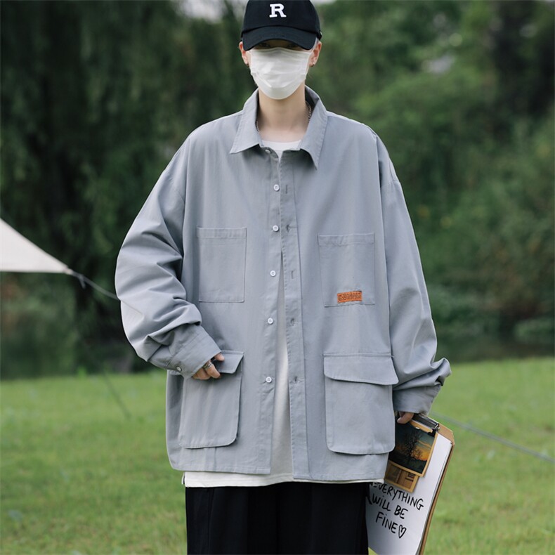 春装纯棉衬衫工装长袖衬衣男 C307P55 灰绿色图片