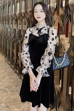 2021春季新款时尚优雅气质花边领拼接显瘦连衣裙，女装连衣裙，深水步