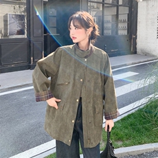 工装风复古军绿色廓形翻领夹克短外套2C212-G217-P185-K298，女装短外套，2C212