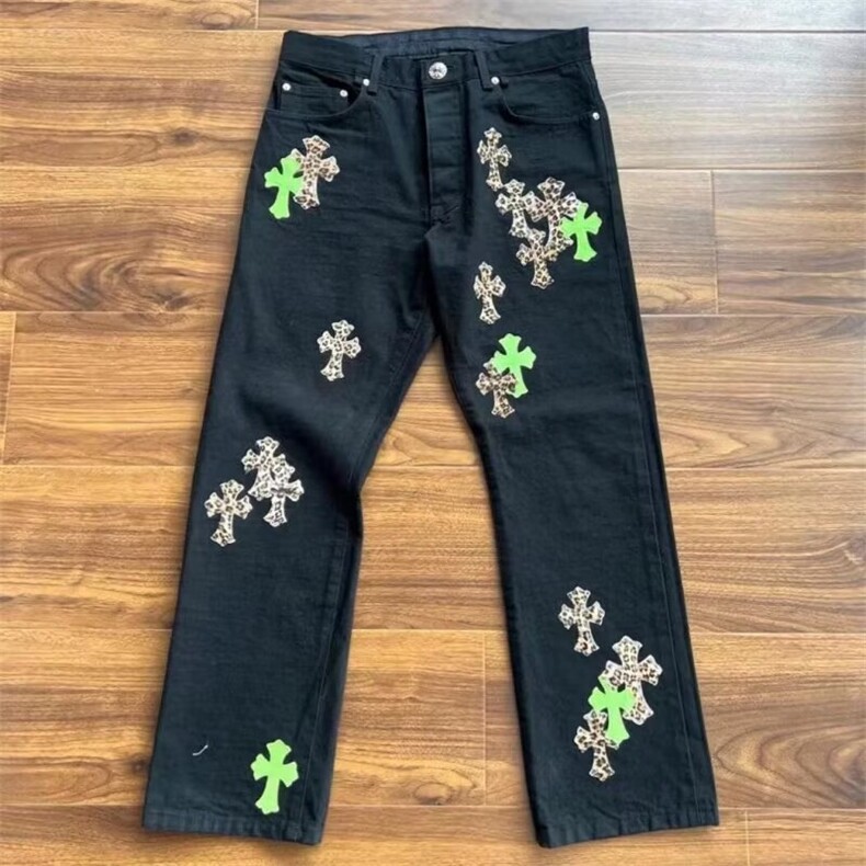 潮流欧货潮牌克罗经典彩色十字架拼皮牛仔裤男女同款时尚裤NZ7075，男装皮裤，星座516A