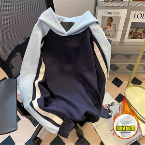 480G重磅加绒硬挺boxy 男女秋冬美式高街结构拼接撞色卫衣厚外套图片