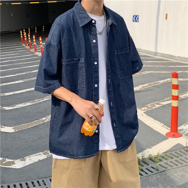 夏季潮牌牛仔衬衫男韩版潮流宽松休闲短袖工装衬衣外套CS528-P40图片
