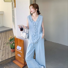 休闲外穿时尚套装时尚阔腿裤夏季气质套装睡衣宽松蕾丝复古减龄，女装套装/套裙，2C205