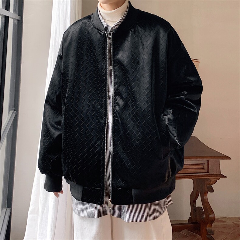 2023冬季新款男士潮牌格子PU皮棒球服棉衣黑色外套MYTC192P115,男装棉衣,电商B220