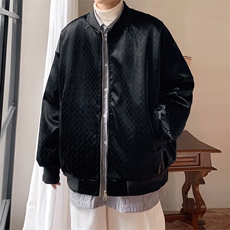 2023冬季新款男士潮牌格子PU皮棒球服棉衣黑色外套MYTC192P115，男装棉衣，电商B220