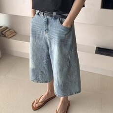 美式复古高街水洗设计感解构牛仔短裤男女潮牌休闲宽松百搭七分裤，男装牛仔裤，星座1210-1