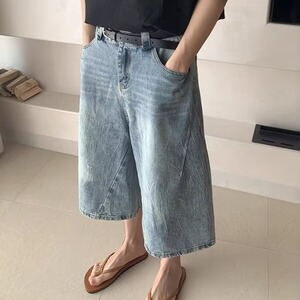 美式复古高街水洗设计感解构牛仔短裤男女潮牌休闲宽松百搭七分裤图片