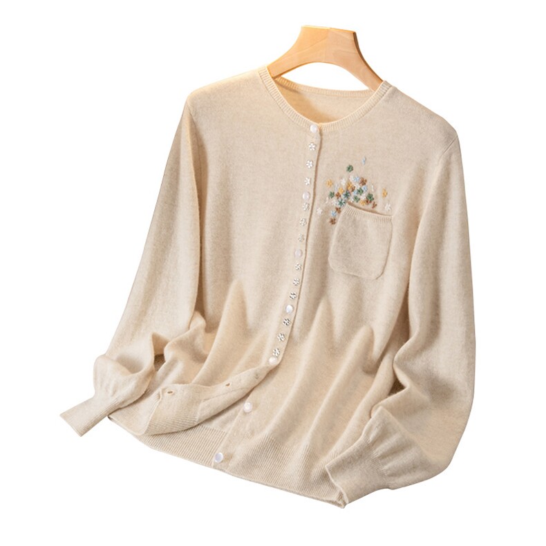 优雅女士羊绒开衫精致小花刺绣舒适保暖时尚百搭，女装羊绒衫，盛世绒华