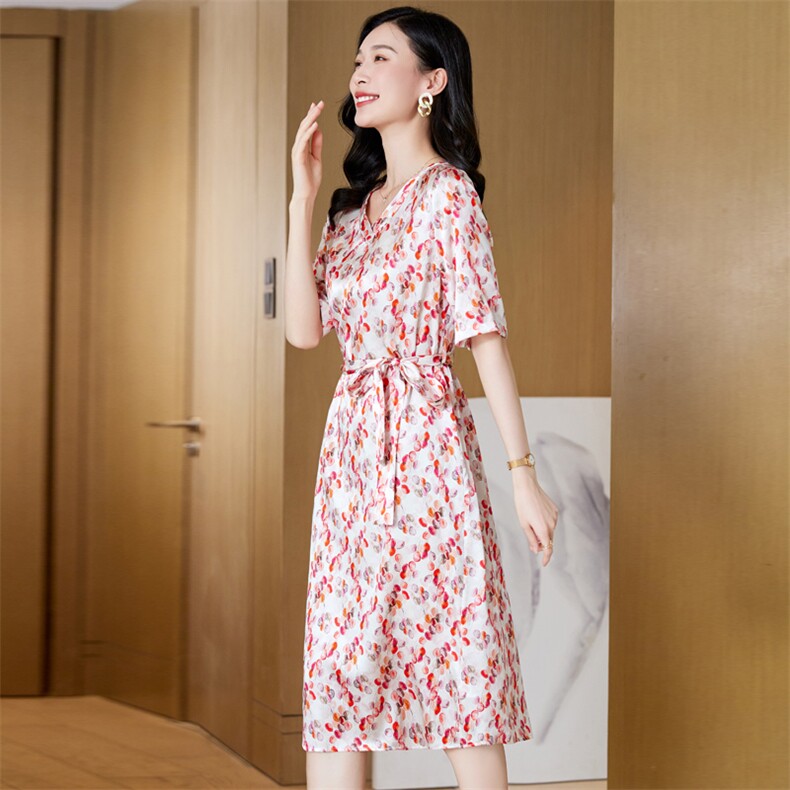 假两件碎花真丝连衣裙女夏季短袖郁金香印花桑蚕丝荷叶边裙子气质,女装连衣裙,阿舍尔精品