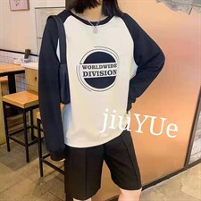 现货秋季新款韩版拼色插肩袖设计圆领卫衣，女装卫衣/绒衫，九月