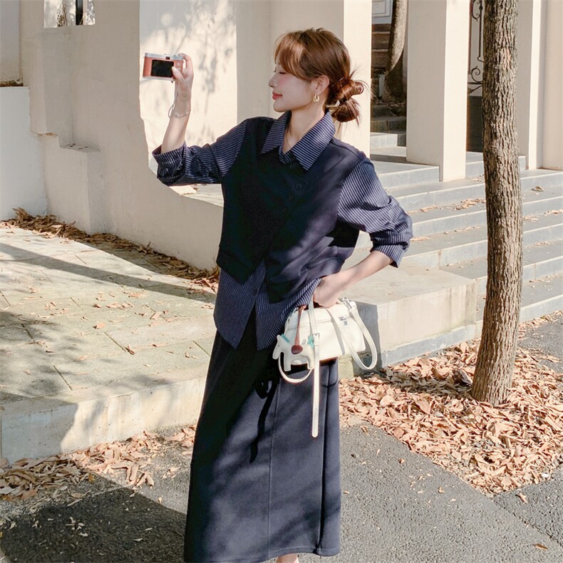 深蓝色假两件拼接条纹衬衫套装裙女春秋新款韩系气质显瘦两件套潮,女装套装/套裙,2C115