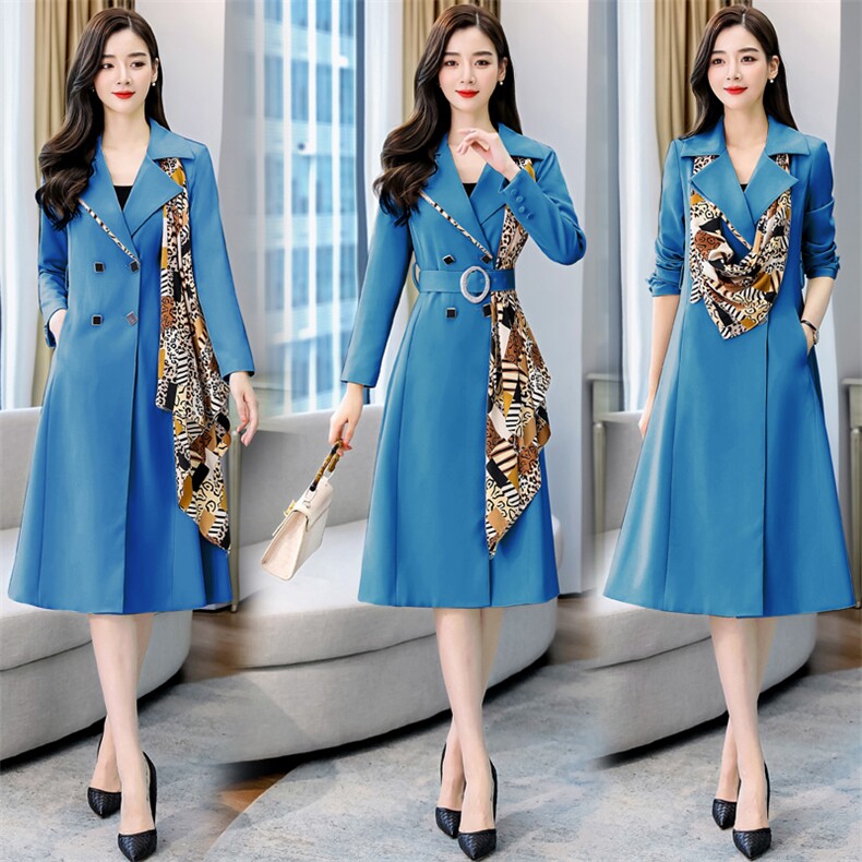 外贸出口尾单大牌剪标女尾货撤柜商场牛货气质翻领收腰风衣配丝巾，女装风衣，时尚俏佳人